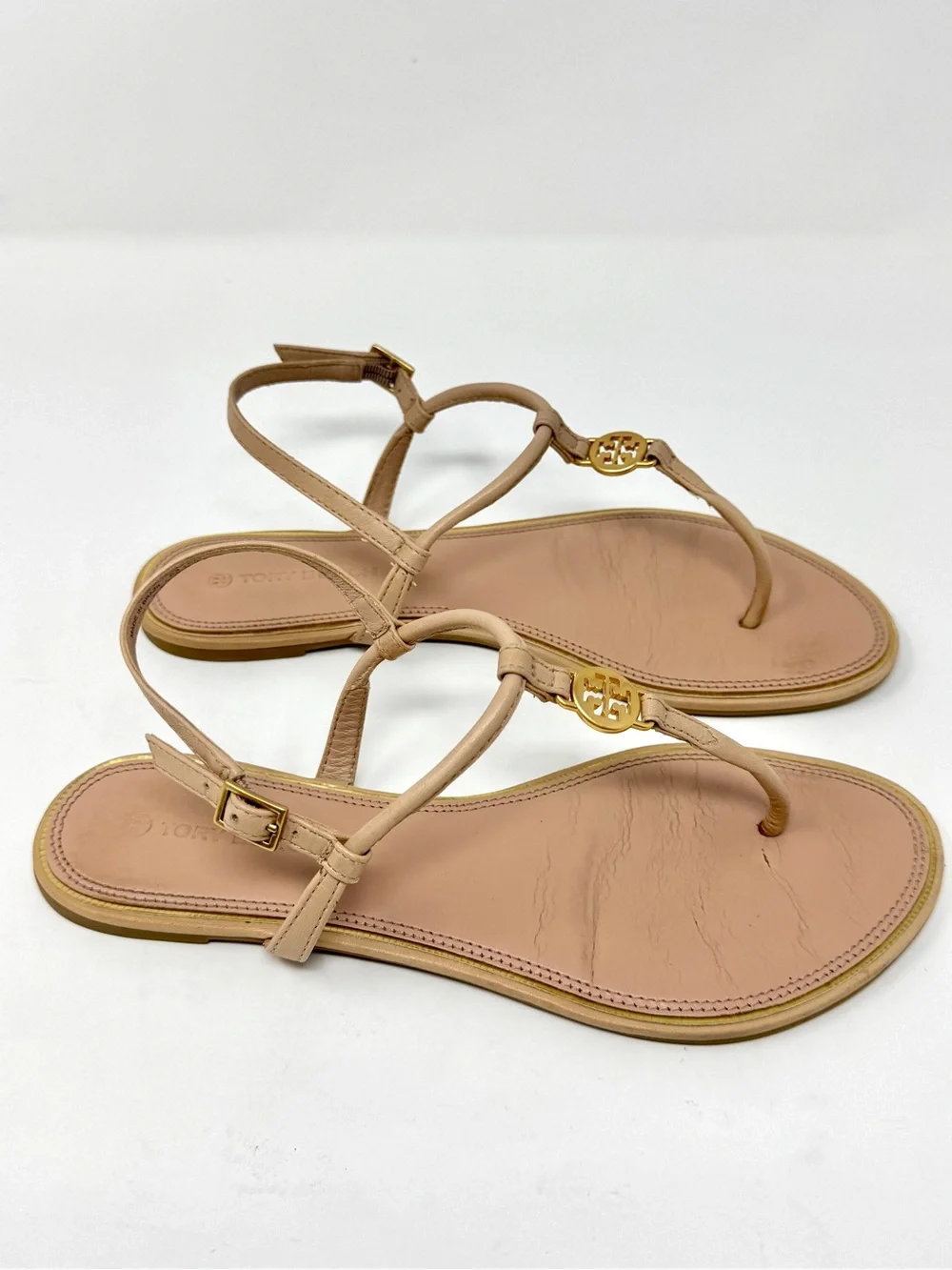 Tory Burch Nude Tan Leather Logo T-Strap Sandals
